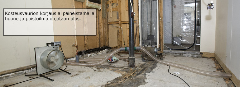 Vesivahinkojen kuivaus alipaineistetusta huoneesta. poistoilma johdetaan ulos.